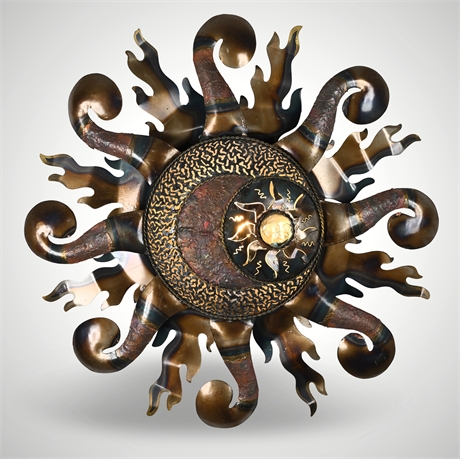 22" Steel & Glass Lighted Sun Face Sculpture