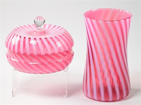Fenton Cranberry Opalescent Swirl Candy Box and Vase