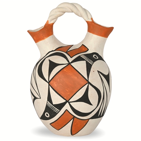 Eva Histia Acoma Pueblo Wedding Vase – Hand-Coiled with Stylized Bird Motif