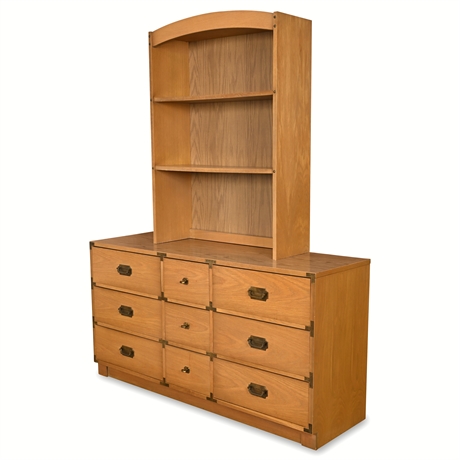 Bassett Furniture 9-Drawer Campaign Dresser & Hutch — Oak, Brass Hardware
