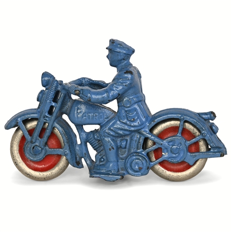 Hubley Cast Iron “PATROL” Police Motorcycle Toy – Blue, c.1930s, 6¼”