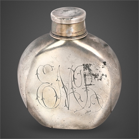 Late 1800s Hip Flask with Gilt Cup Lid, "EMR" Monogram