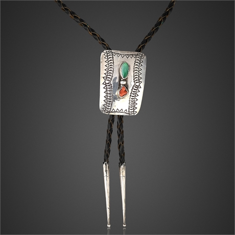 Vintage Navajo Sterling Bolo Signed W.D. — Turquoise & Coral