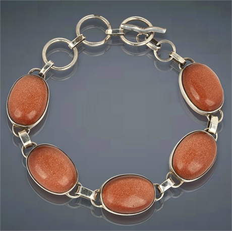 Sterling Silver and Goldstone Bracelet with Toggle Clasp, Marked 925