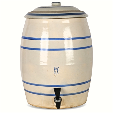Vintage Stoneware 5-Gallon Water Cooler w/ Lid & Blue Bands