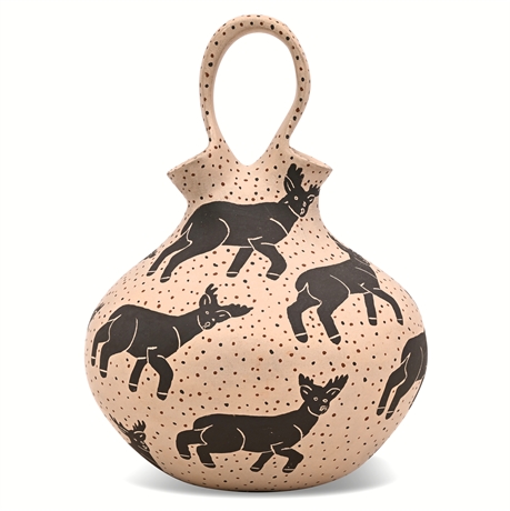 Angel Villa Mata Ortiz Hand-Coiled Pottery Wedding Vase with Deer Motif