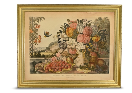 Currier & Ives 'Landscape, Fruit, & Flowers' Framed Lithograph