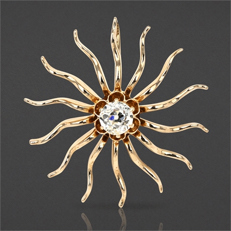 Vintage 14K Gold Sunburst Pendant with 0.38 ct Old European Diamond