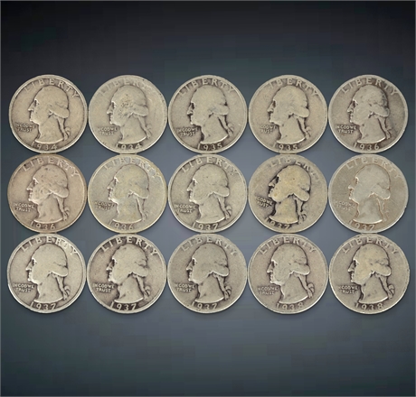 15 Washington Silver Quarters - Early Dates & Mint Marks (1934–1938)