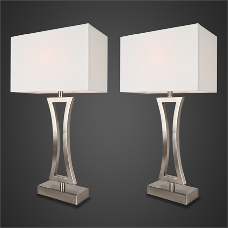 Pair Modern Stainless Steel Table Lamps w/ Rectangular Shades