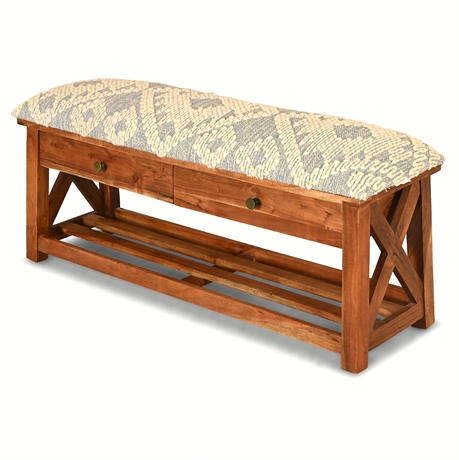 Boho Acacia Wood Upholstered Bench w/ Drawers & Shelf