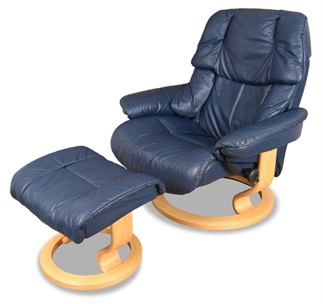 Ekornes Stressless Reno Recliner & Ottoman – Blue Leather, Medium Size