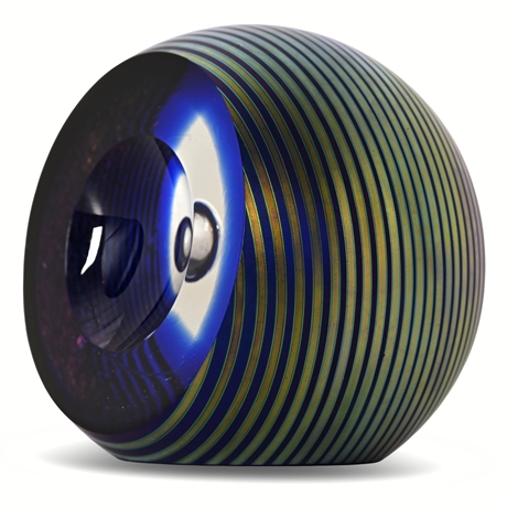 Steven Correia Iridescent Striped Glass Paperweight – Ltd Ed 52/100, 1989