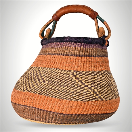 Handwoven Bolga Market Basket – Leather Wrapped Handle, 15” × 14”