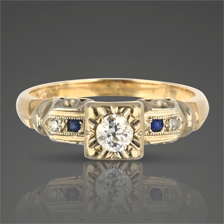 Antique 14K White Gold Diamond & Sapphire Engagement Ring