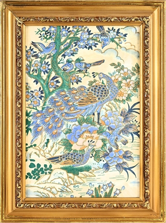 Mid-Century Embellished Peacock Ceramic Plaque — Turquoise & Cobalt, Framed
