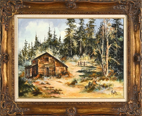 Mirta Forest Cabin & Aspens Oil on Canvas, Signed, Ornate Gilt Frame
