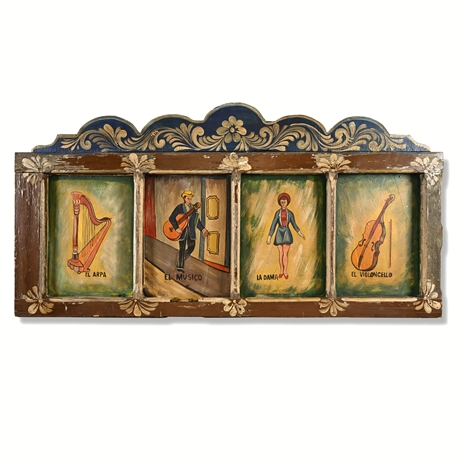 Mexican Folk Art Lotería Panel — Hand Painted, Reclaimed Window Frame