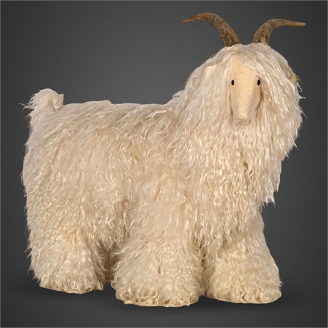 Ray Growler — Monumental Goat Sculpture, Curly Wool, Leather & Horn, ca 1990s