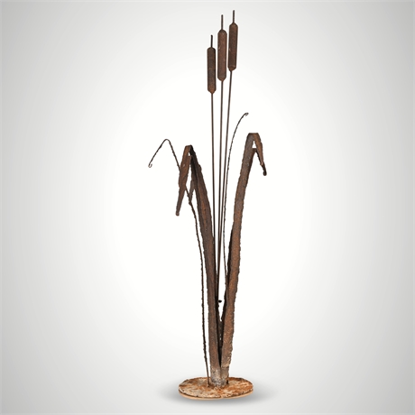 Welded Iron Cattail Sculpture — Rustic Brutalist Garden Art