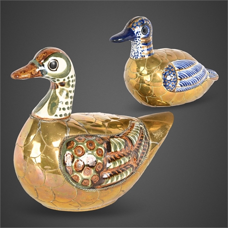 Tonalá Brass & Ceramic Duck Sculptures Pair Hand Painted Mexico