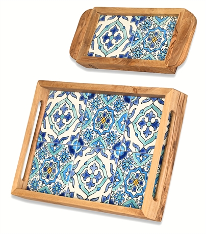 Namaskaram Signed Wood & Tile Serving Trays – Set of 2