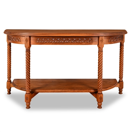 Signed & Dated 1984 New Mexico Hand-Carved Solid Wood Demilune Console Table