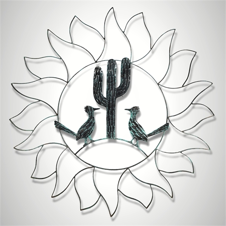 Iron Sunburst Wall Sculpture with Saguaro & Roadrunners, Verdigris Finish