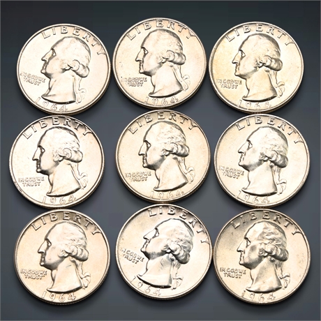 1964 (9) Washington Silver Uncirculated Quarters