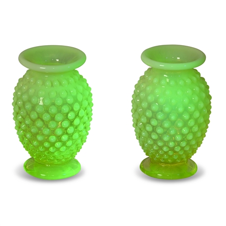 Pair Fenton Art Glass Vaseline Glass Hobnail Rolled Rim Vase 3 1/2"
