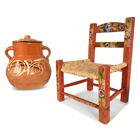 Mexican Hand-Painted Folk Chair & Glazed Ceramic Pot with Lid
