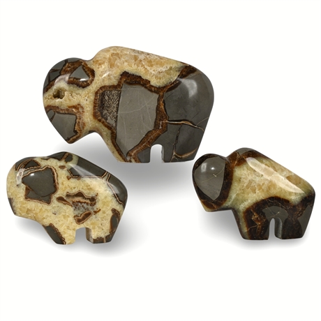 Hand-Carved Septarian Buffalo Sculpture Trio – Unique Stone Figures