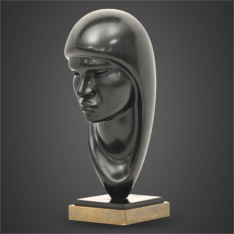 Signed Flores Arias Ironwood Female Head — Modernist Sculpture with Brass Base