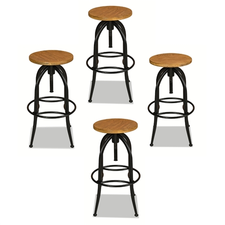 Set of 4 Adjustable-Height Industrial Bar Stools, Cast Iron Frame & Wood Seat