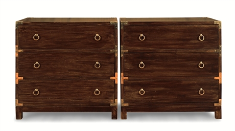 Pair of Birch Lane “Aerial” Campaign-Style Accent Chests, Brass & Sheesham Wood