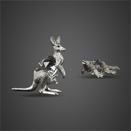 Manon Pewter & Swarovski Crystal Kangaroo with Joey & Platypus Figurines