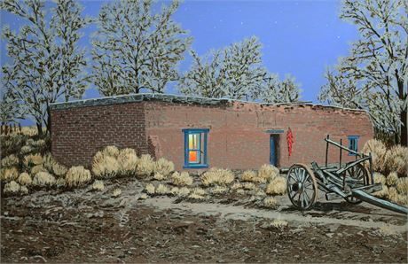 Marcia Porter "Night Adobe and Old Cart" Gouache