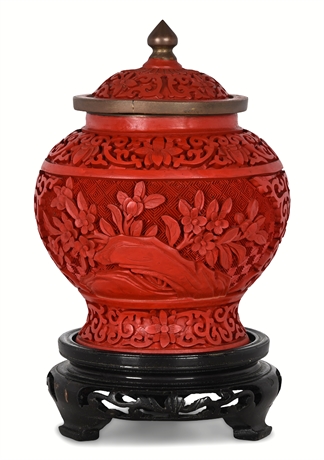 Chinese Cinnabar Lacquer Lidded Jar on Stand — Brass Mounts, Enamel Interior