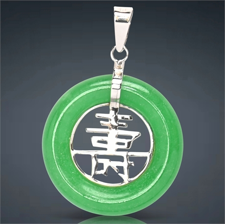 14K Chinese Lucky Symbol Green Jadeite Donut Pendant