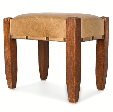 Arts & Crafts Oak Footstool – Leather Upholstery, Nailhead Trim
