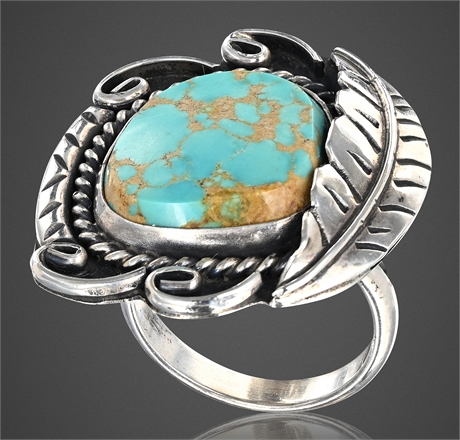 Navajo Sterling Silver Ring with Rare Hachita Turquoise, Size 7