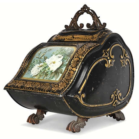 Victorian Japanned Tôle Coal Scuttle with Floral Panel & Cast Iron Feet