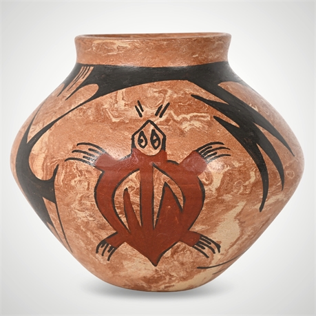 3.5” Hand-Coiled Native Style Pottery Jar with Turtle Motif