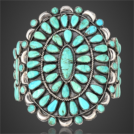 Navajo BTC Sterling Silver Turquoise Cluster Cuff Bracelet, 82.48g