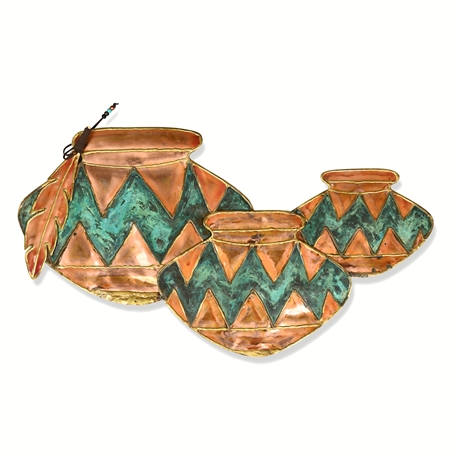 Trent D. Warden Copper Pueblo Pots & Feather Wall Sculpture, 1999