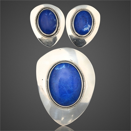 Dulce Taxco Sterling Silver & Lapis Brooch Pendant & Earrings Set