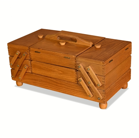 Vintage Beech Cantilever Accordion Sewing Box with Notions, Footed