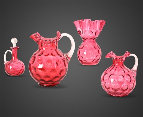 Fenton Cranberry Glass Inverted Thumbprint Set – 2 Pitchers, Cruet & Vase