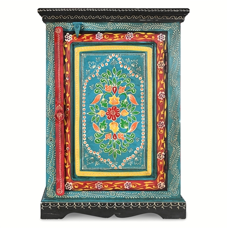 Hand-Painted Indian Cabinet – Floral Motif, Teal & Red, 27”