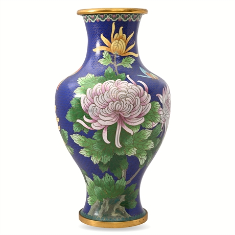 Chinese Cloisonné Vase – Blue Ground with Chrysanthemums & Butterflies, 15"